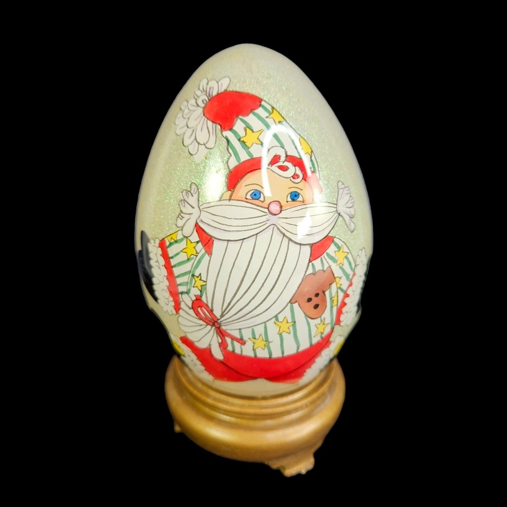 Les Hans Santa 1999 Li Bien Glass Ornament Handpainted‎ Egg Gift Box Stand Vtg